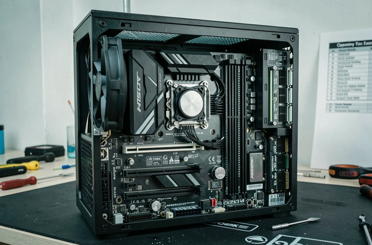 Intérieur d'un ordinateur de bureau haute performance avec composants visibles pour activer la virtualisation matérielle