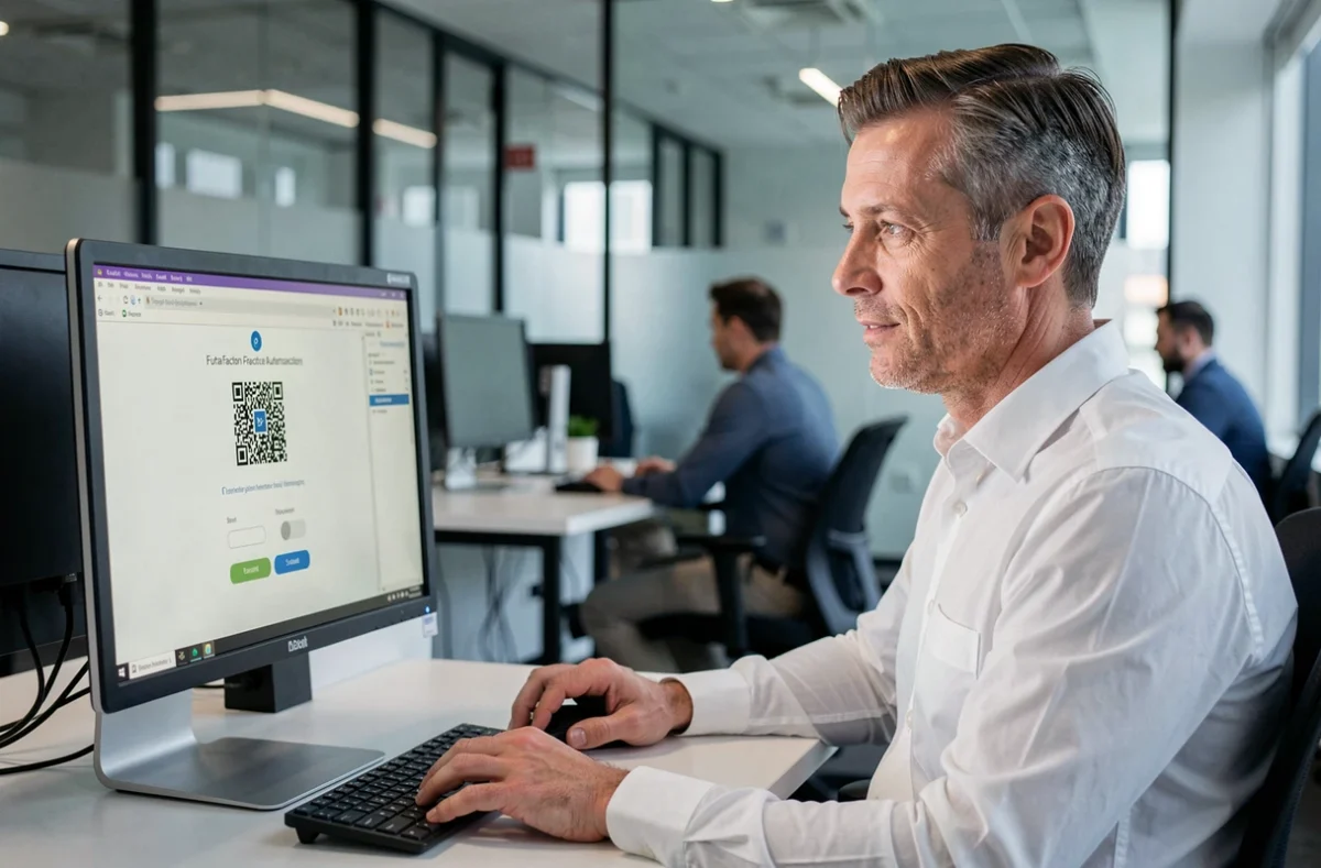 Homme configurant la double authentification 2FA sur un ordinateur de bureau dans un environnement de bureau professionnel