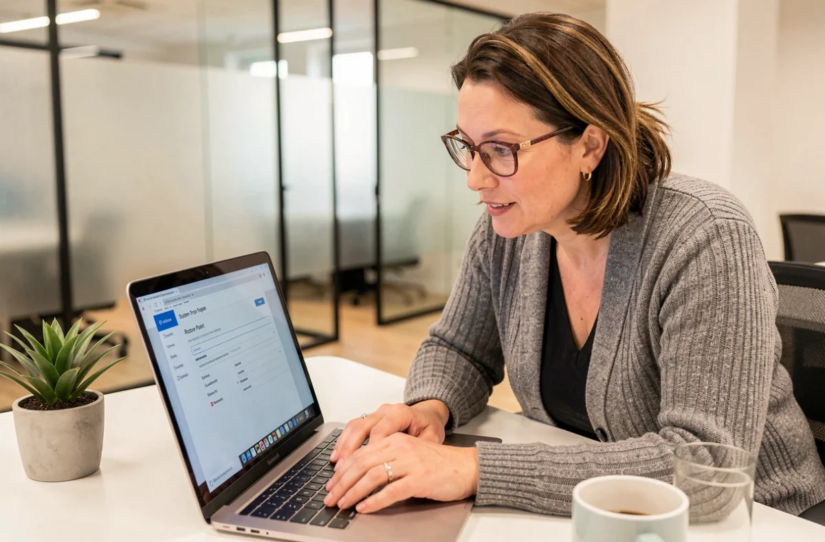 Femme configurant les paramètres de protection du système sur un ordinateur portable en bureau