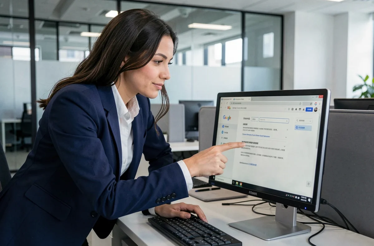 Femme en entreprise configurant les paramètres TLS dans le navigateur Google Chrome sur un ordinateur de bureau