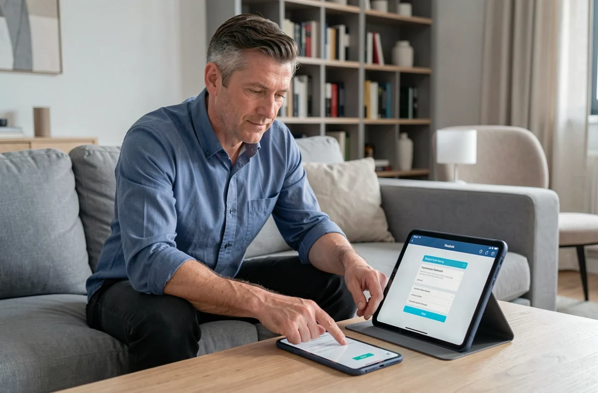 Homme configurant la connexion entre son smartphone et sa tablette dans un salon moderne