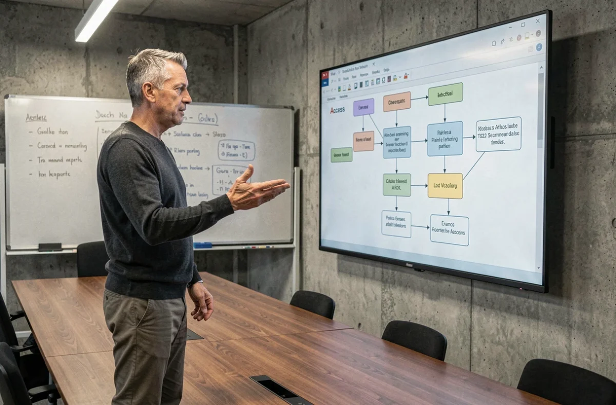 Consultant informatique présentant un schéma de base de données Access dans une salle de réunion technologique