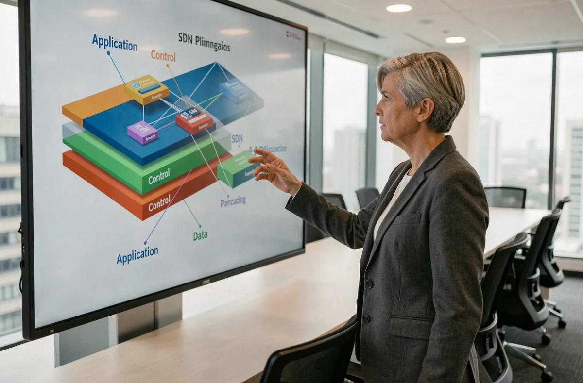 Consultante IT présentant un modèle d'abstraction réseau SDN sur un écran interactif lors d'une formation professionnelle