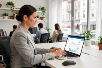 Consultante SEO analysant des données de référencement naturel sur un tableau de bord numérique dans un bureau moderne