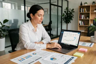 Consultante SEO analysant un tableau de bord de référencement naturel avec rapports et données de mots-clés sur son bureau