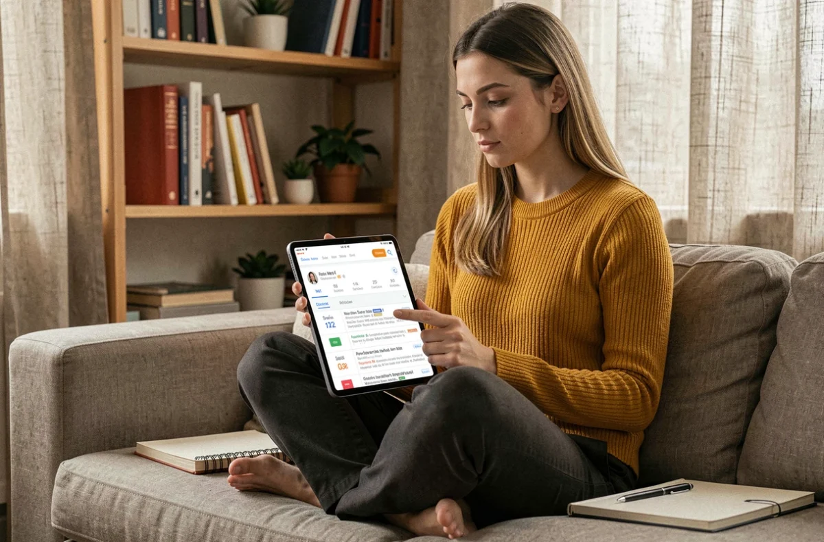 Jeune femme consultant les résultats de référencement naturel sur une tablette dans un espace de travail à domicile