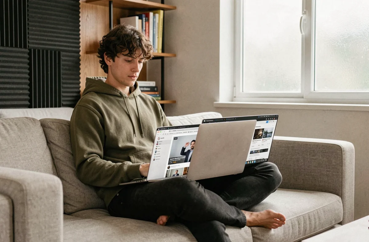 Créateur de contenu comparant deux plateformes vidéo sur son ordinateur portable dans un studio à domicile minimaliste