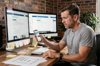 Designer web frustré comparant un site mal adapté entre un écran desktop et un smartphone, illustrant les inconvénients du responsive design