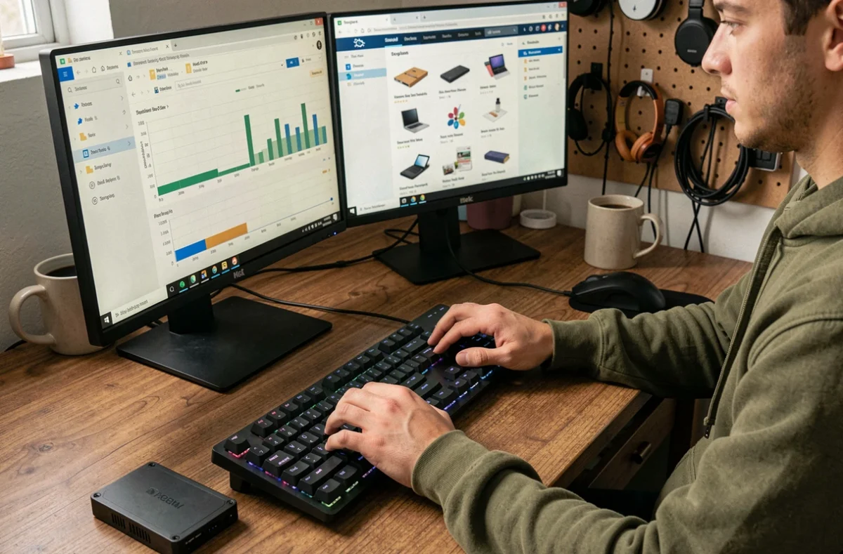 Mains d'un développeur configurant l'espace de stockage d'un site e-commerce sur un bureau à domicile