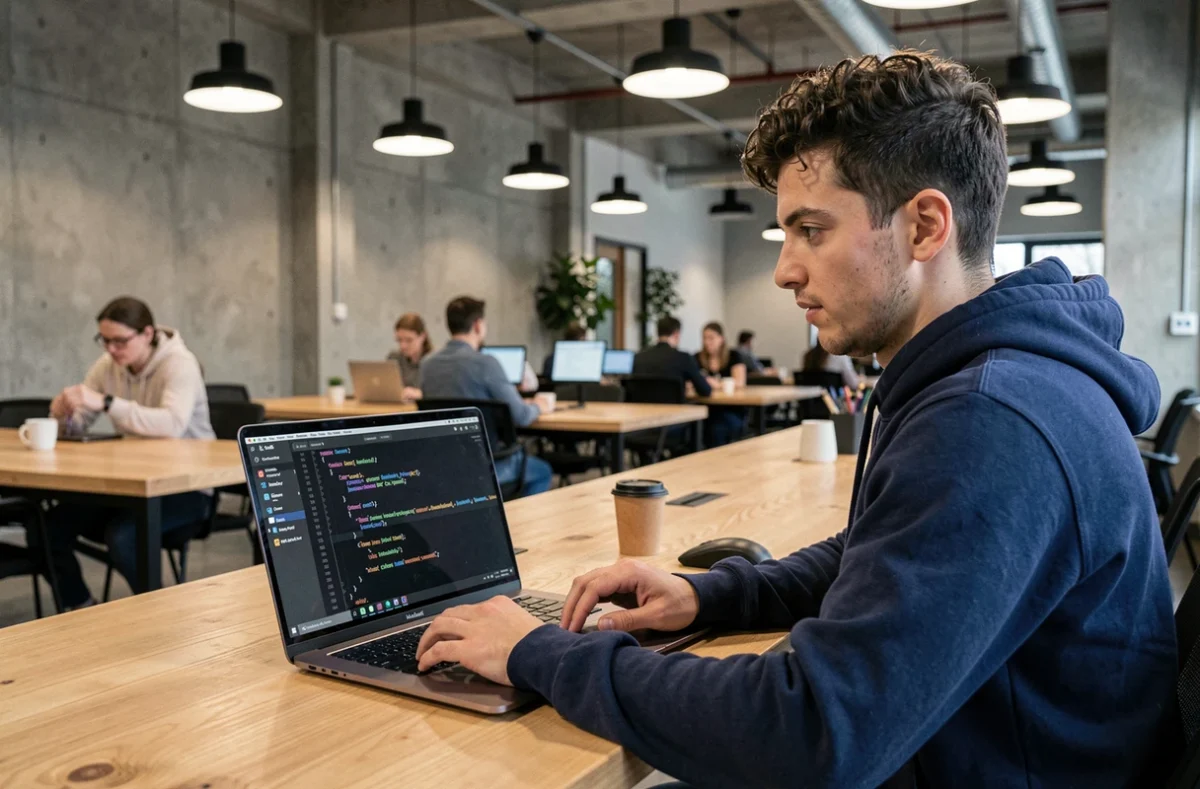 Un développeur junior écrit du HTML sur un ordinateur portable dans un espace de coworking moderne
