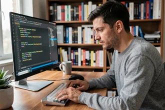 Développeur Java apprenant Spring Boot sur son ordinateur dans un bureau à domicile moderne