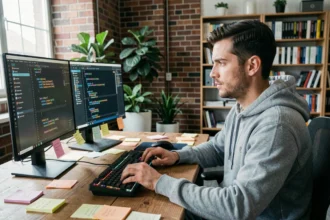 Développeur Python travaillant sur un framework web Django ou Flask dans un bureau moderne avec du code affiché sur deux écrans