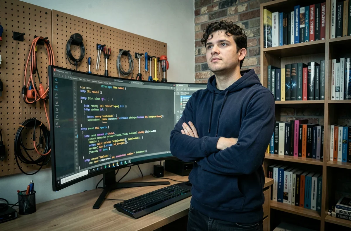 Développeur web configurant une redirection HTTP 301 sur un grand écran de code dans un bureau à domicile