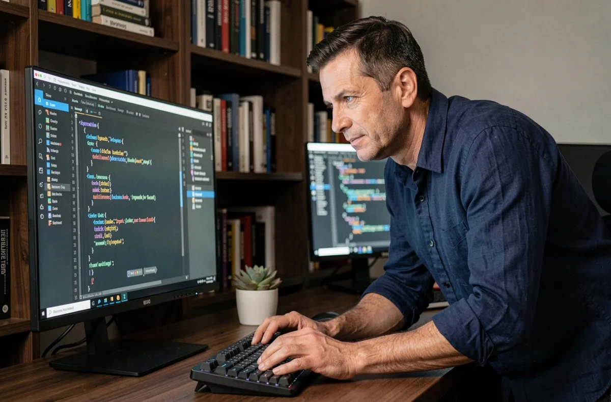 Développeur web masculin travaillant sur du code HTML et CSS dans un bureau à domicile équipé de deux écrans et d'une bibliothèque de livres informatiques