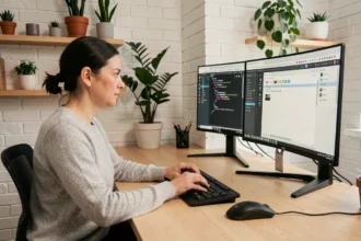 Une développeuse web écrit du code HTML dans un éditeur de texte sur un bureau moderne à domicile