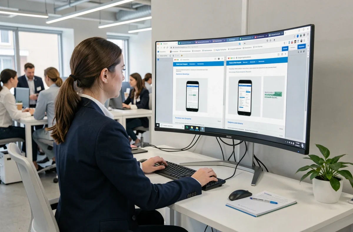 Développeuse web analysant des problèmes d'affichage responsive sur plusieurs points de rupture simultanément sur un grand écran incurvé