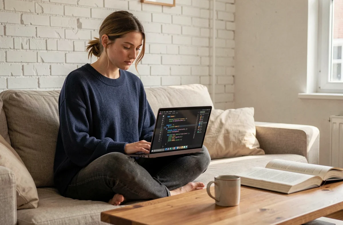Développeuse Python travaillant depuis chez elle sur un projet web avec un framework comme Flask, code visible sur laptop