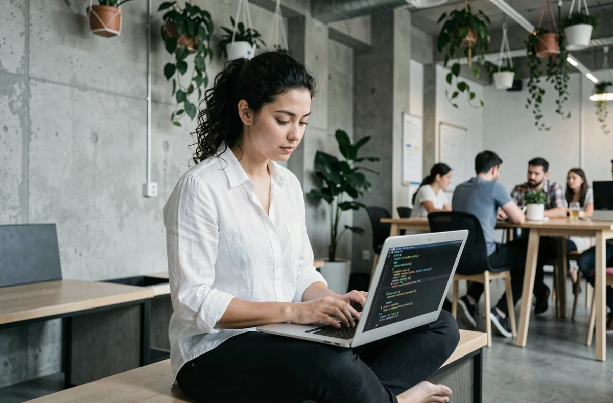 Développeuse web féminine travaillant sur un ordinateur portable dans un espace de co-working moderne avec plantes et béton