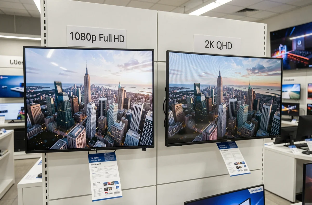 Deux écrans en magasin comparant la résolution Full HD 1080p et la résolution 2K QHD côte à côte