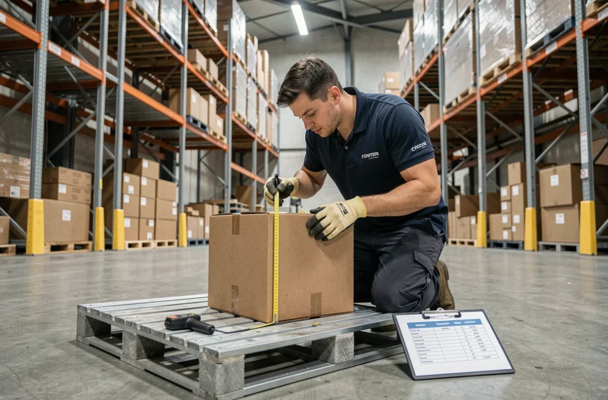 Employé d'entrepôt mesurant la longueur, largeur et hauteur d'un colis d'expédition avec un mètre ruban dans un entrepôt logistique
