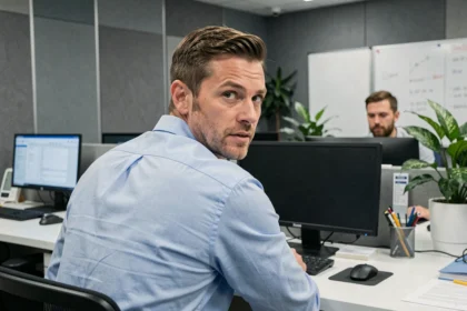 Employé de bureau regardant par-dessus son épaule avec inquiétude face à la surveillance de son écran par son employeur