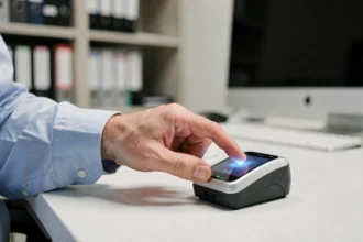 Un homme appuyant son index sur un scanner biométrique pour enregistrer une empreinte digitale dans un bureau administratif