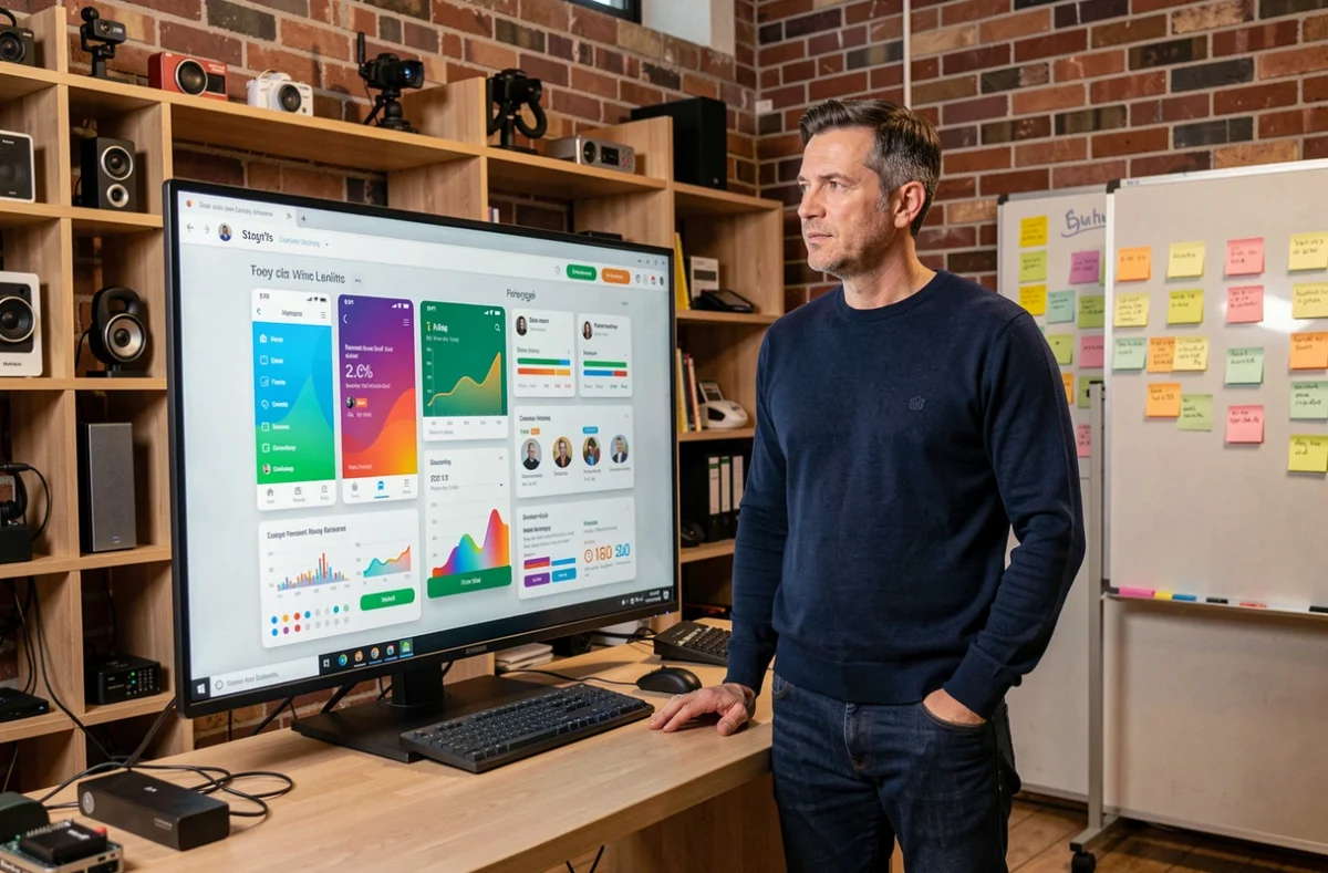 Un entrepreneur présente les indicateurs clés d'une application mobile sur un grand écran interactif dans un studio tech, symbolisant la stratégie de monétisation