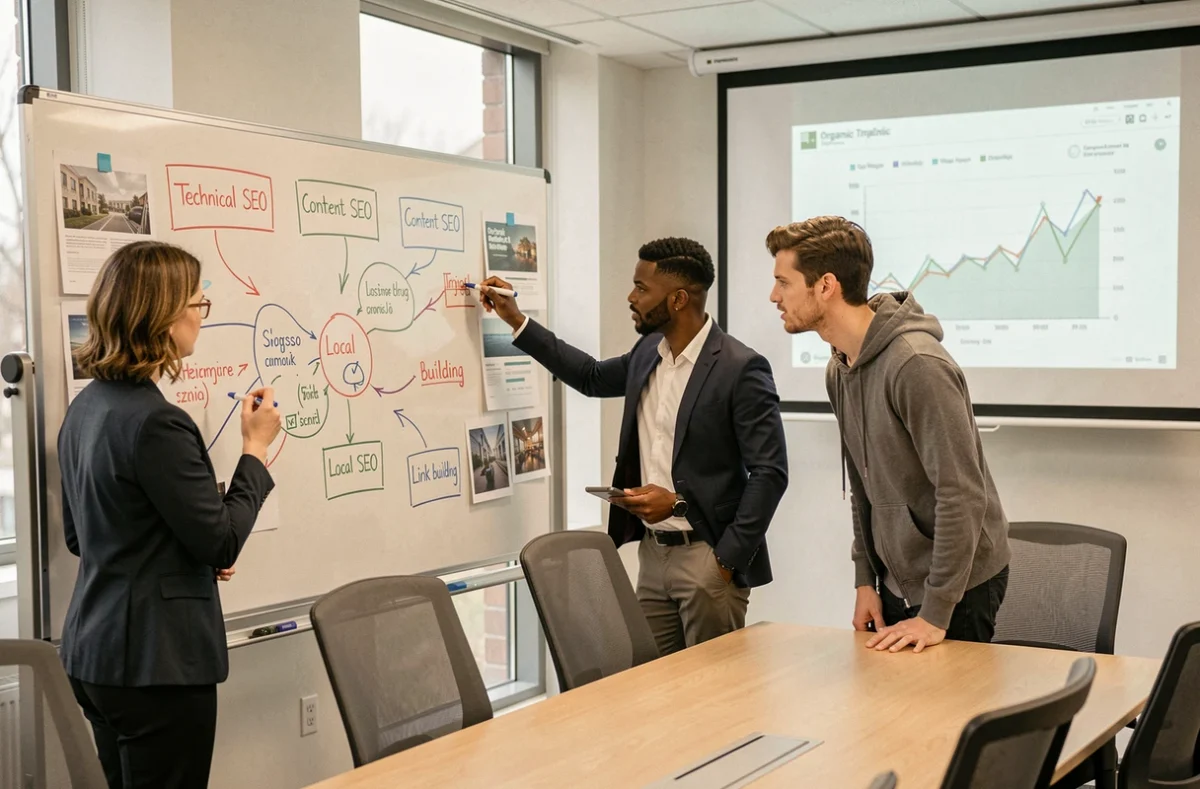 Équipe d'une agence SEO présentant les différents types de services de référencement sur un tableau blanc en réunion stratégique