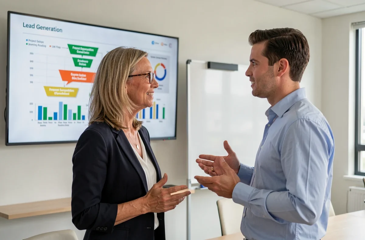 Équipe de professionnels analysant un entonnoir de génération de leads sur un écran en salle de réunion