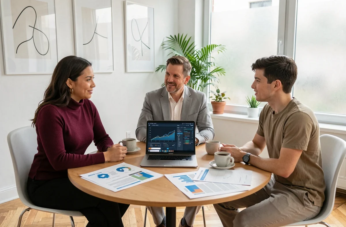 Équipe commerciale diverse analysant des données et des rapports générés par intelligence artificielle lors d'une réunion stratégique dans un espace de coworking