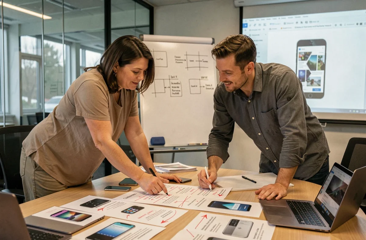 Équipe de designers en réunion analysant les défauts de mise en page responsive sur des maquettes imprimées annotées en rouge