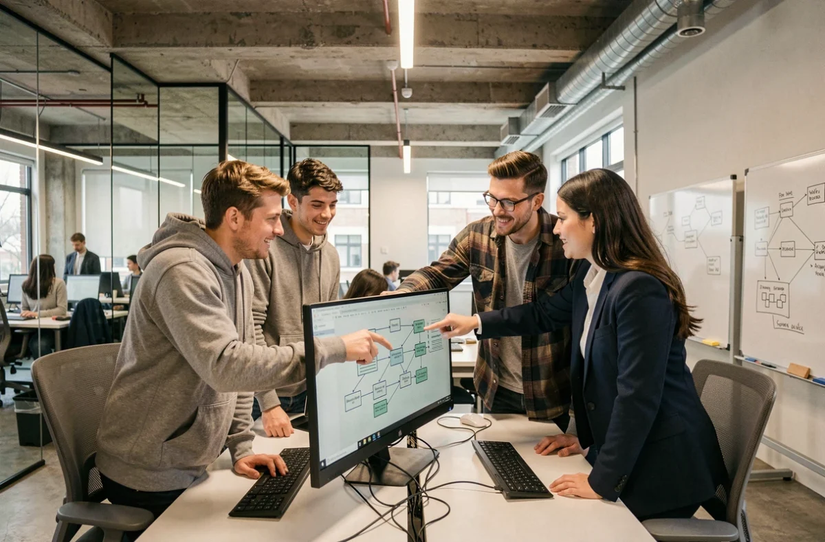 Équipe de développeurs junior discutant d'une architecture Spring Boot dans un bureau de startup
