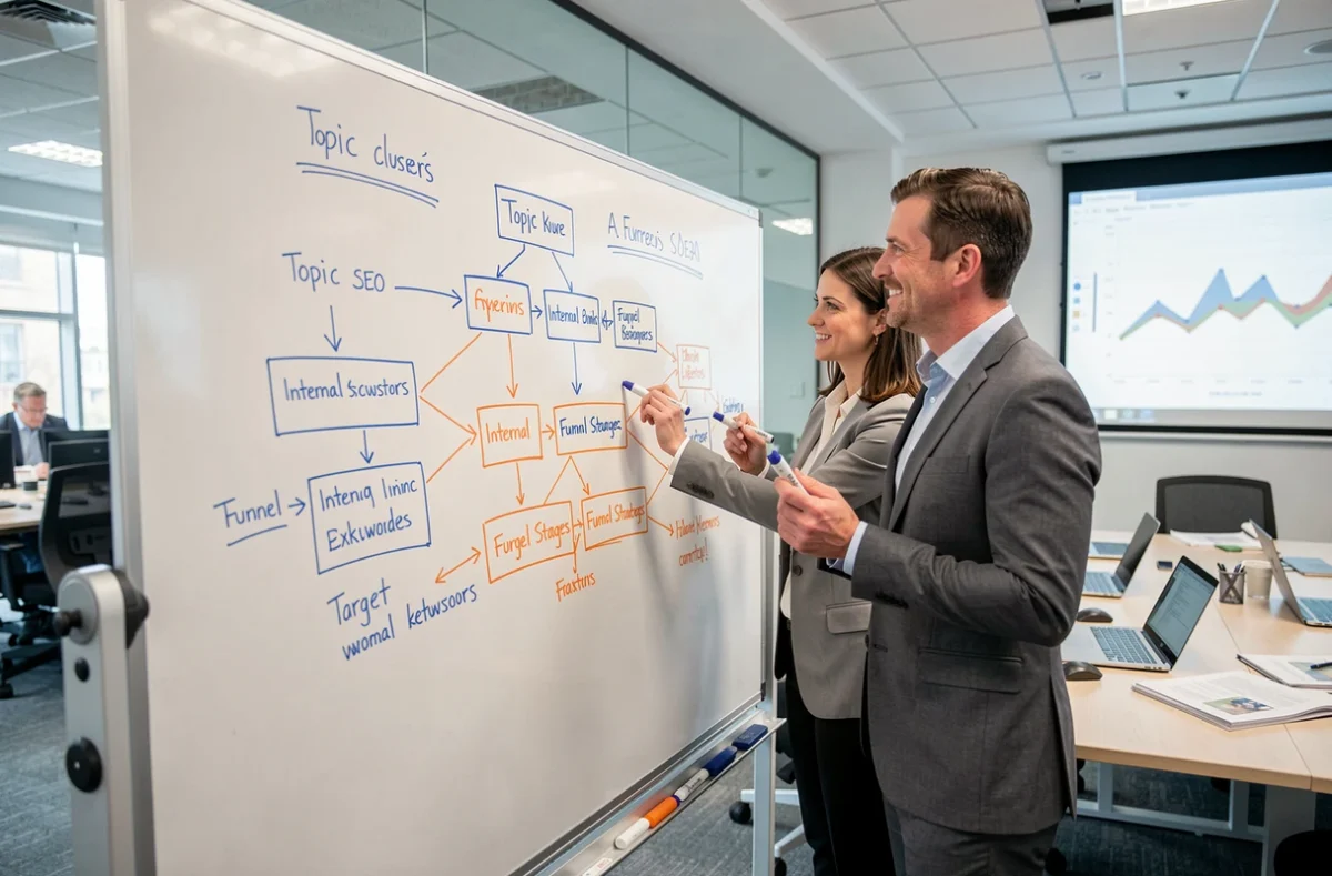 Deux professionnels du marketing collaborant sur un plan SEO détaillé inscrit sur un tableau blanc dans une salle de réunion moderne