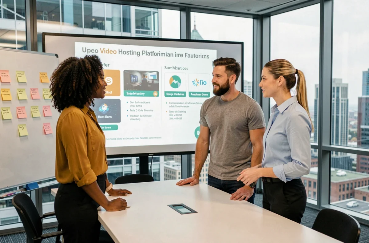 Équipe marketing réunie en salle de réunion pour comparer des solutions d'hébergement vidéo professionnelles pour leur stratégie de contenu