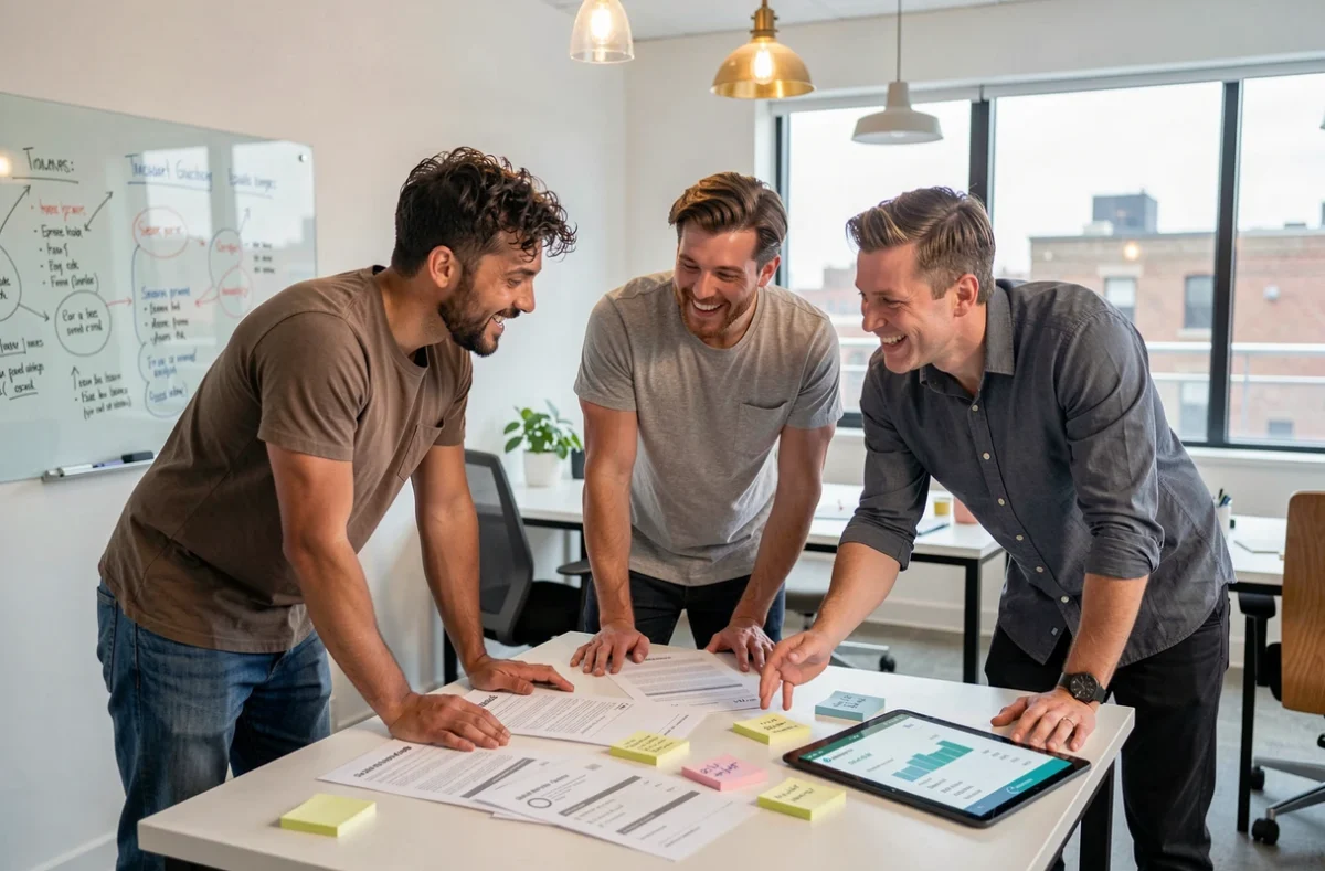 Équipe de petite entreprise collaborant sur une stratégie d'email marketing autour d'un bureau partagé