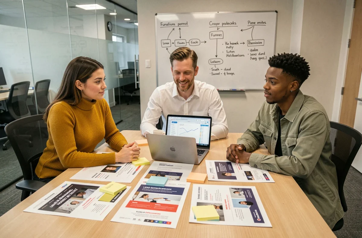 Équipe marketing collaborant autour d'une stratégie de génération de leads numériques avec maquettes et tableau de bord