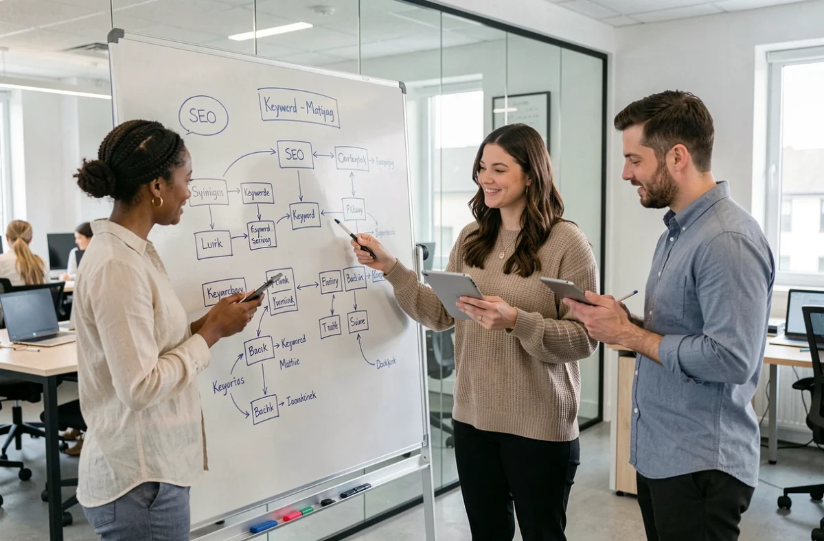 Équipe de professionnels du marketing discutant de tactiques de référencement SEO devant un tableau blanc en agence