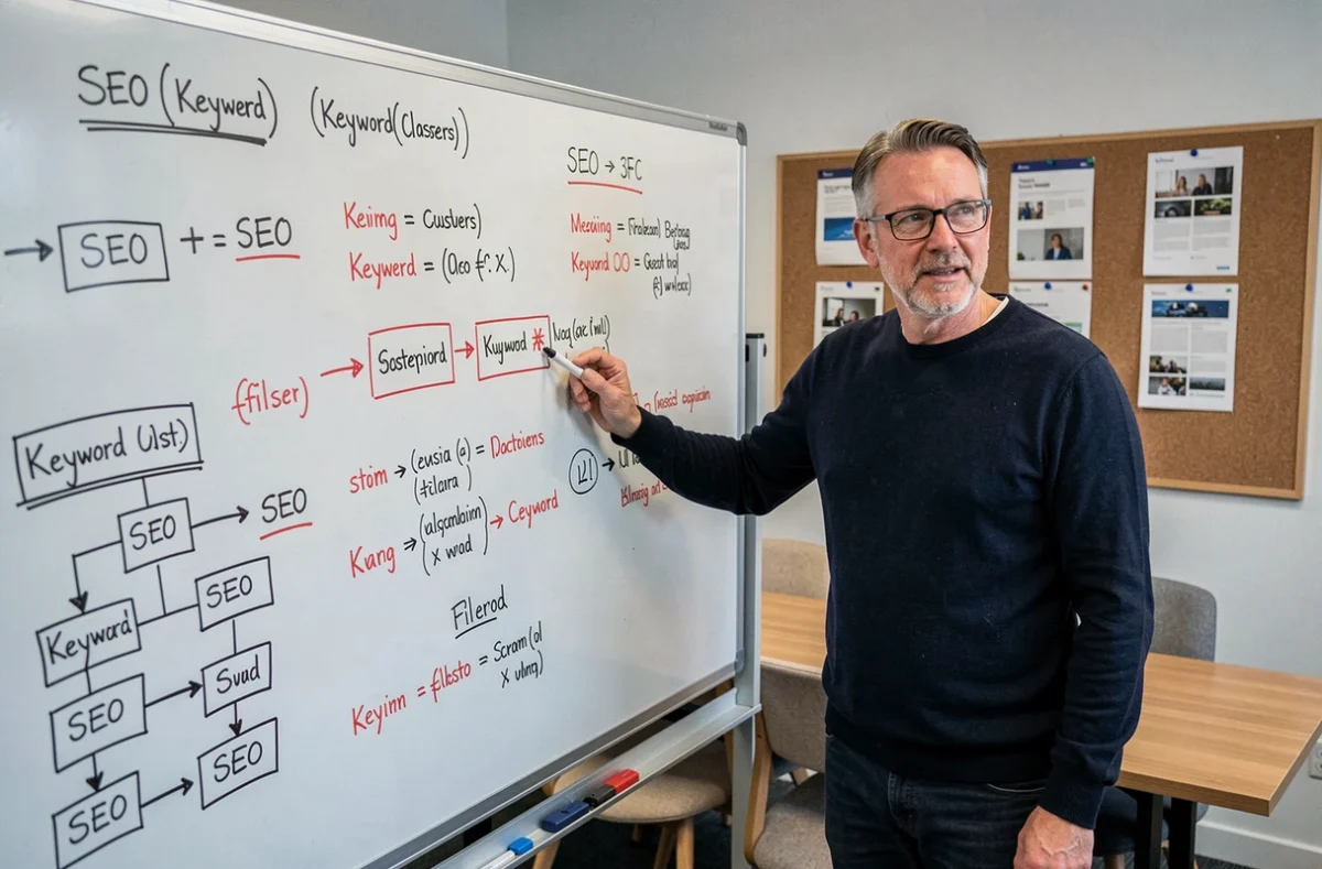 Expert SEO présentant une formule de référencement sur un tableau blanc dans une salle de réunion d'agence digitale