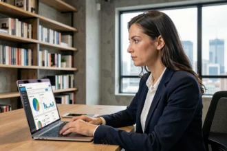 Experte SEO analysant des données de référencement sur un ordinateur portable dans un bureau moderne