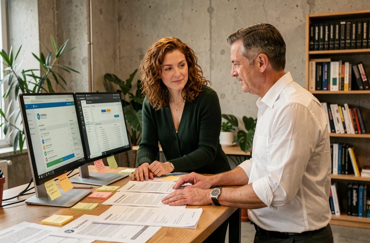 Deux experts en sécurité informatique collaborant sur la gestion d'une autorité de certification dans un espace de travail ouvert