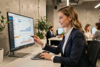 Femme professionnelle analysant une campagne d'email marketing sur un écran dans un bureau moderne