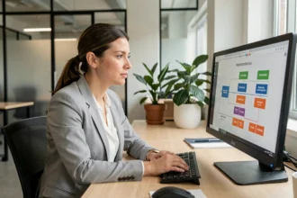 Femme professionnelle analysant une stratégie de lead numérique sur un écran d'ordinateur dans un bureau moderne