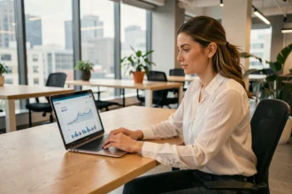 Femme professionnelle analysant des données de génération de leads sur un ordinateur portable dans un bureau moderne