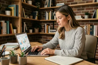 Femme analysant des données SEO sur un ordinateur portable dans un bureau moderne à domicile
