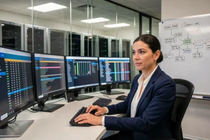 Femme professionnelle analysant des tableaux de bord de gestion de données sur plusieurs écrans dans un bureau moderne avec salle serveur visible