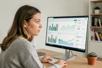 Femme analysant des tableaux de bord web sur un écran d'ordinateur dans un bureau moderne, introduction à l'analyse web