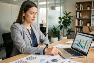 Femme analyste de données examinant des graphiques et tableaux sur un bureau de bureau moderne