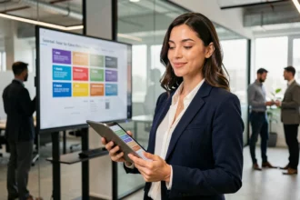 Femme en blazer présentant une application de présentation sur tablette dans un bureau moderne