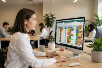 Femme professionnelle utilisant un logiciel de tableur sur un grand écran dans un bureau moderne