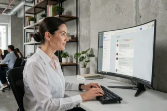 Femme professionnelle utilisant l'intelligence artificielle OpenAI sur un ordinateur dans un bureau moderne